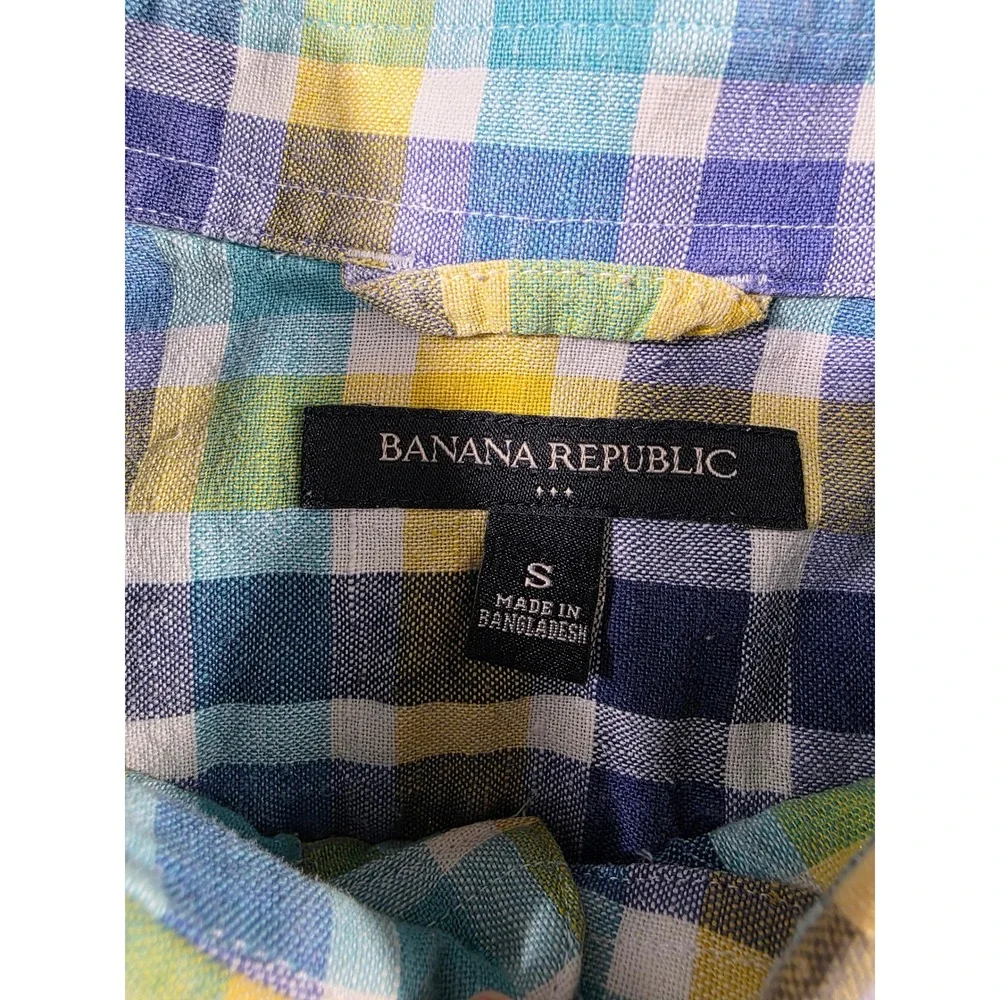 Banana Republic Linen Blend Short Sleeve Plaid Shirt Mens Small Yellow Blue
